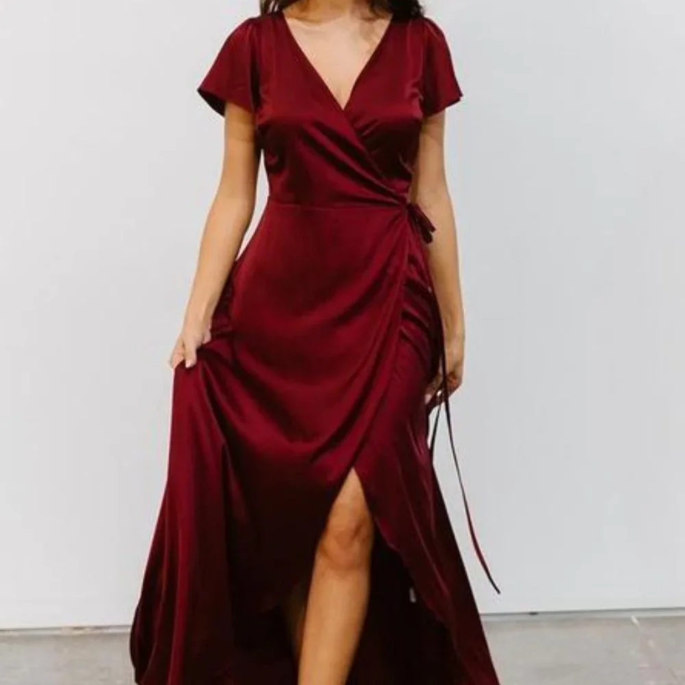 Red Satin Maxi Wrap-front Dress - Picture 2 of 8